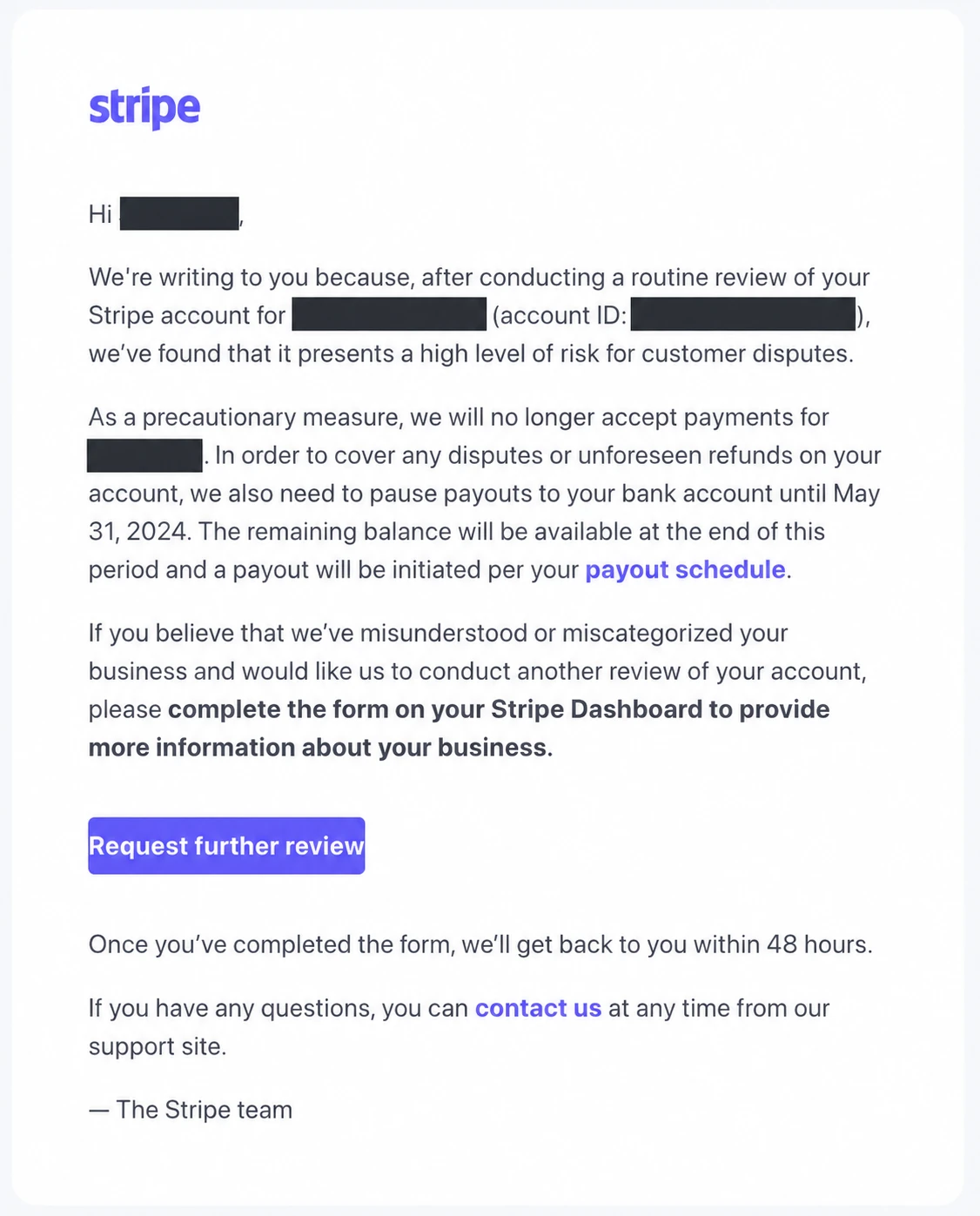 رسالة إغلاق من Stripe مع حجب اسم المستلم والنشاط ومعرّف الحساب. أُعيد تفعيل الحساب لاحقًا.