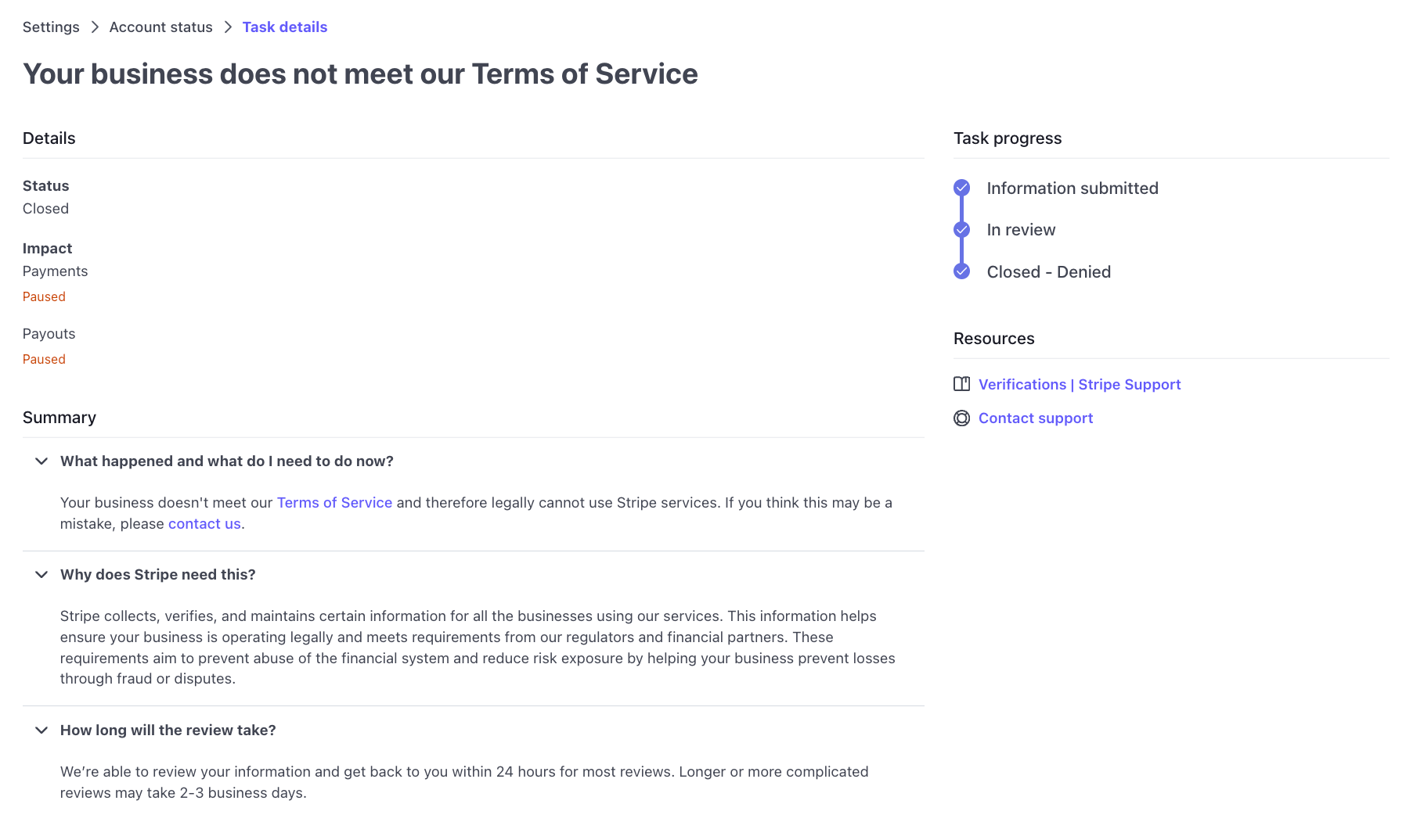 لوحة Stripe تعرض حسابًا مغلقًا ومدفوعات وتحويلات متوقفة.